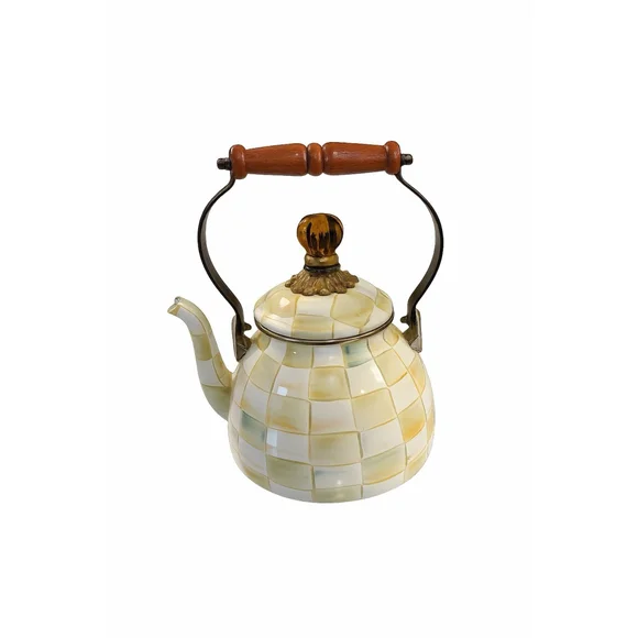 MacKenzie-Childs Parchment Teapot Retired Yellow Check Enamel Style